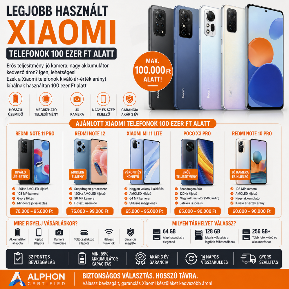Legjobb használt Xiaomi telefonok 100 ezer Ft alatt