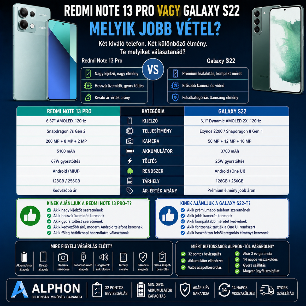 Redmi Note 13 Pro Vagy Galaxy S22 – melyik jobb vétel?